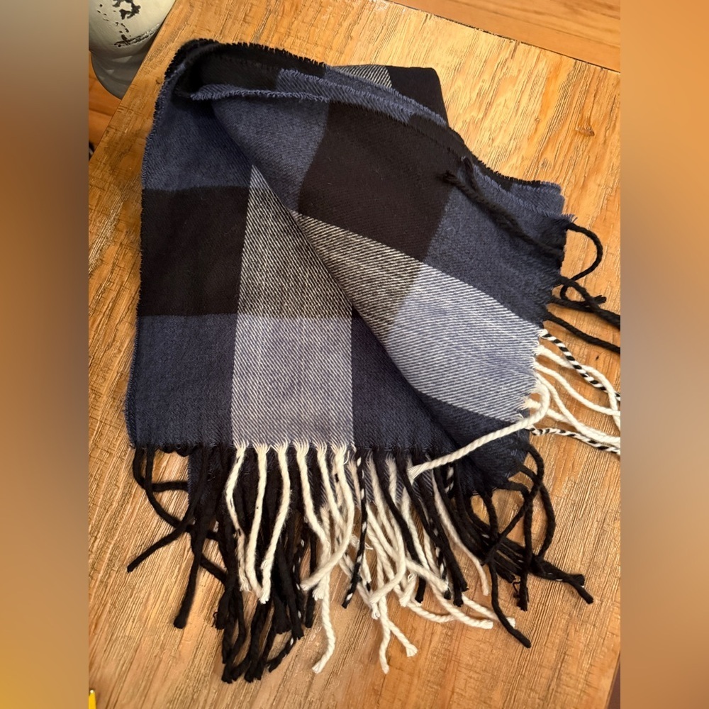 Plaid Fringe Scarf in Black Blue plaid tartan fisherman winter